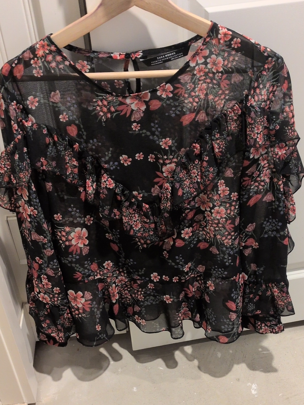 Zara Black Floral Ruffle Blouse with Pink Accents